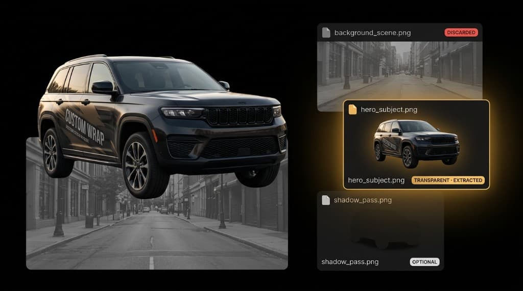Magic Cut extracts a vehicle wrap hero onto transparency while discarding the background scene